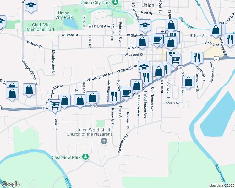 map of restaurants, bars, coffee shops, grocery stores, and more near 511 Hoover Avenue in Union