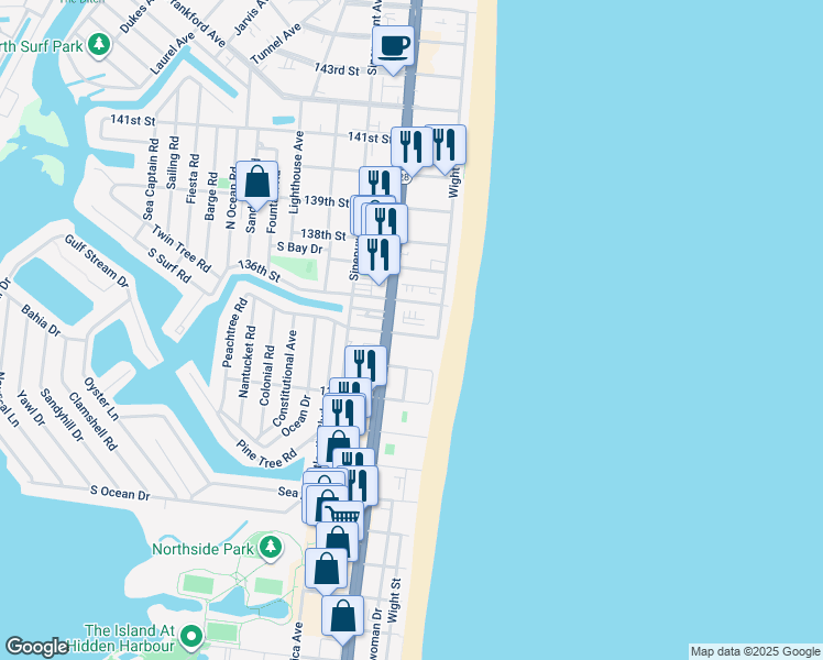 map of restaurants, bars, coffee shops, grocery stores, and more near 10 135th Street in Ocean City