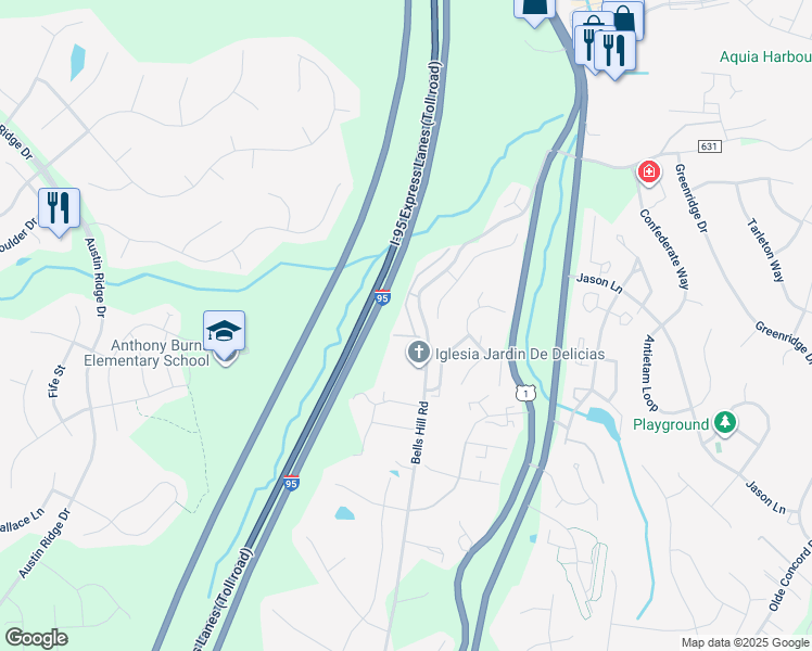 map of restaurants, bars, coffee shops, grocery stores, and more near 5 Belladonna Lane in Stafford