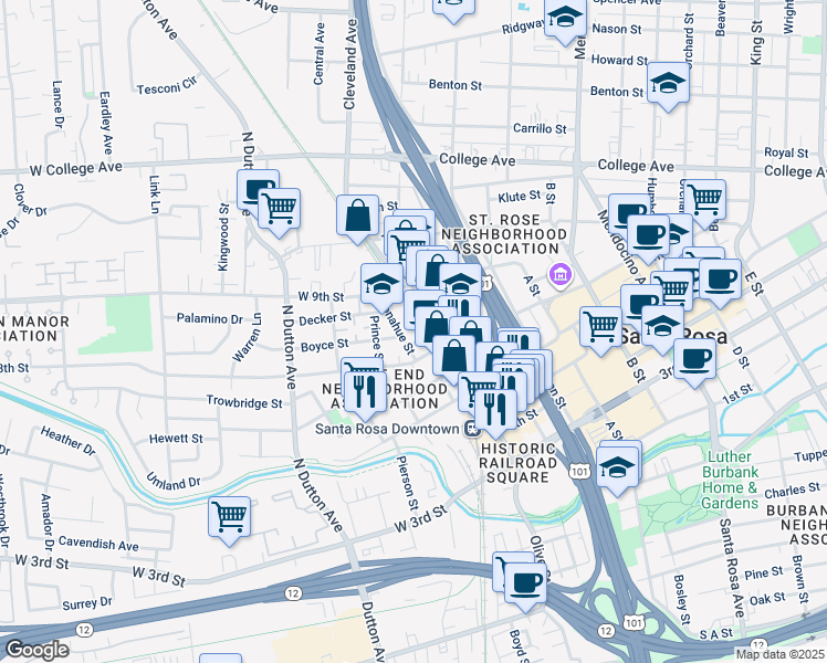 map of restaurants, bars, coffee shops, grocery stores, and more near 806 Donahue Street in Santa Rosa
