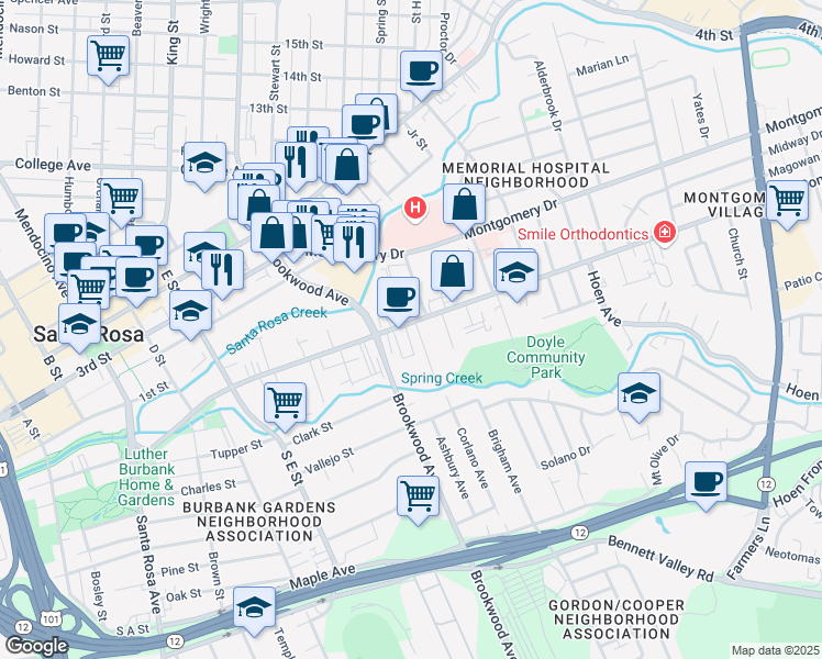 map of restaurants, bars, coffee shops, grocery stores, and more near 1000 Sonoma Avenue in Santa Rosa