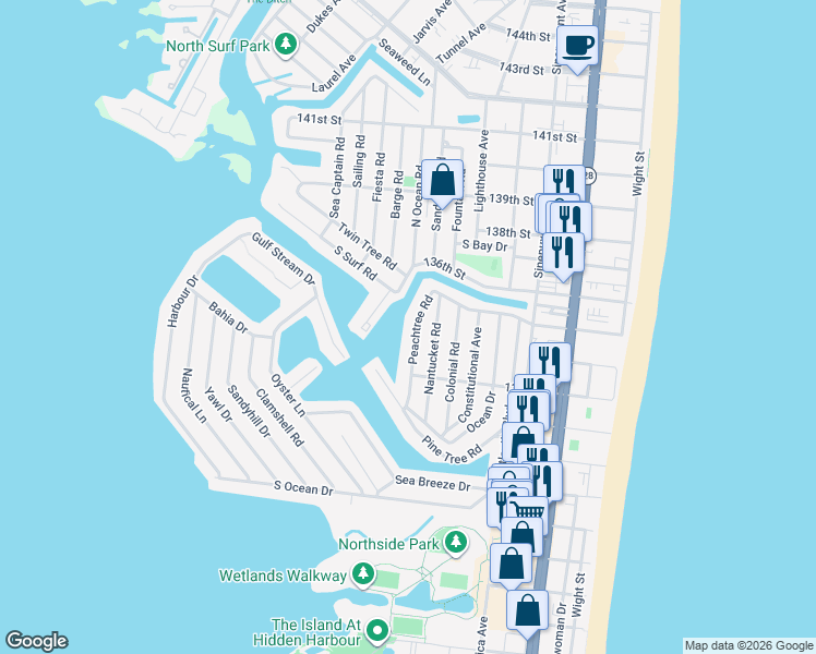 map of restaurants, bars, coffee shops, grocery stores, and more near 13325 Peachtree Road in Ocean City