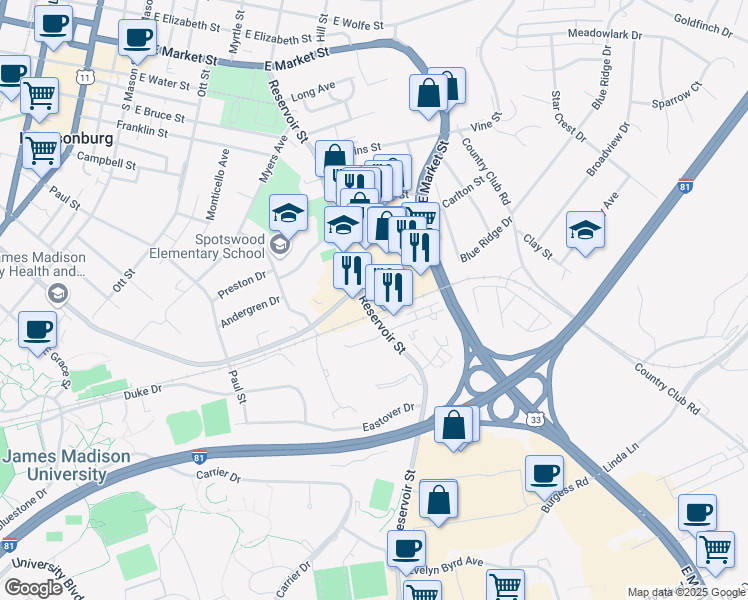map of restaurants, bars, coffee shops, grocery stores, and more near 833 Cantrell Avenue in Harrisonburg