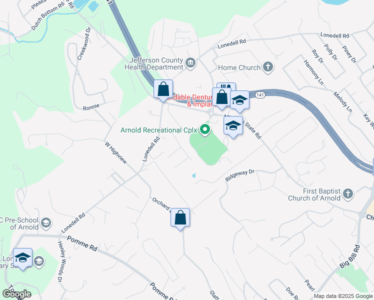 map of restaurants, bars, coffee shops, grocery stores, and more near 1720 Dixon Drive in Arnold