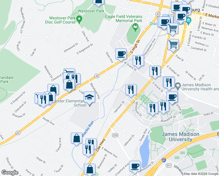 map of restaurants, bars, coffee shops, grocery stores, and more near 118 New York Avenue in Harrisonburg