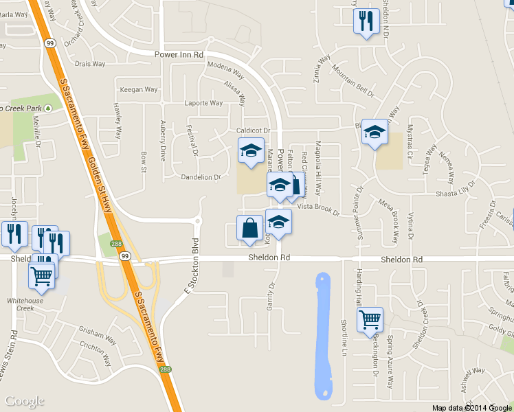 map of restaurants, bars, coffee shops, grocery stores, and more near 8423 Villeneuve Drive in Elk Grove