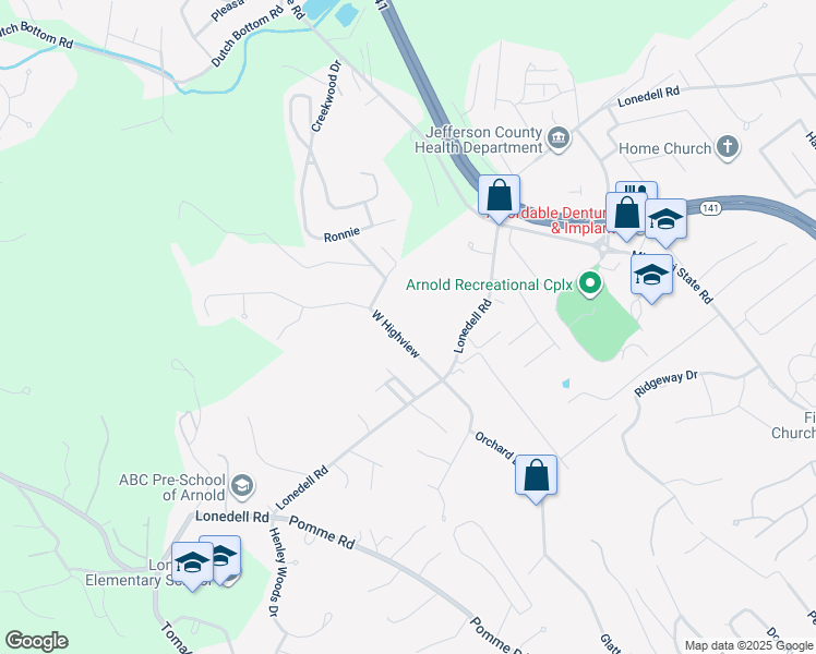 map of restaurants, bars, coffee shops, grocery stores, and more near 1646 W Highview in Arnold