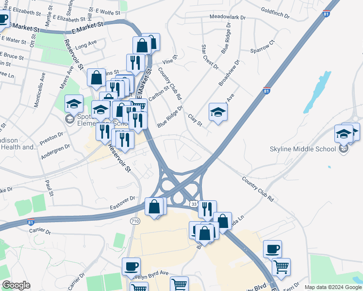 map of restaurants, bars, coffee shops, grocery stores, and more near 1203 Country Club Court in Harrisonburg