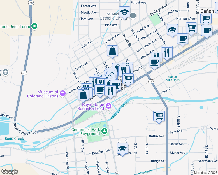 map of restaurants, bars, coffee shops, grocery stores, and more near in Cañon City