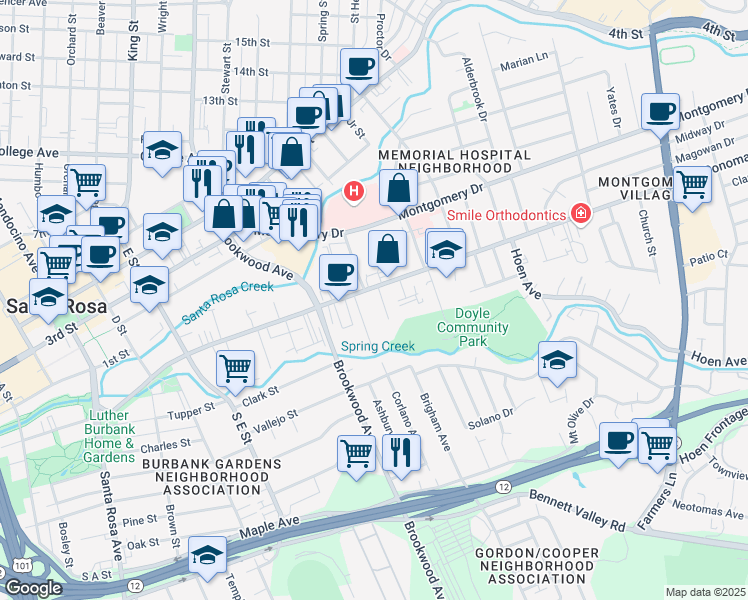 map of restaurants, bars, coffee shops, grocery stores, and more near 125 Glenwood Court in Santa Rosa