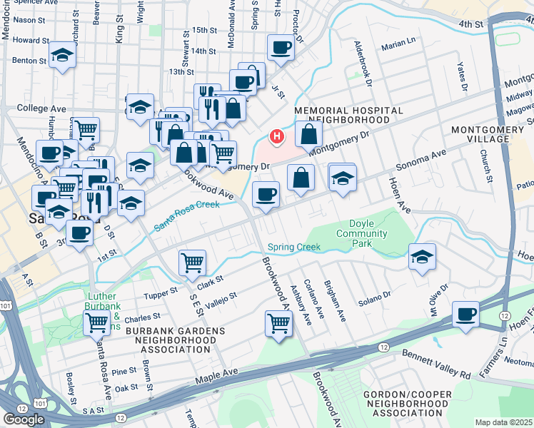 map of restaurants, bars, coffee shops, grocery stores, and more near 1000 Sonoma Avenue in Santa Rosa