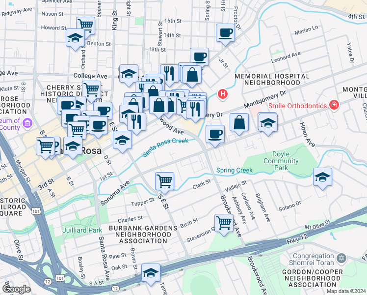 map of restaurants, bars, coffee shops, grocery stores, and more near 919 Sonoma Avenue in Santa Rosa