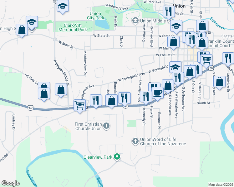map of restaurants, bars, coffee shops, grocery stores, and more near 410 Rosedale Avenue in Union