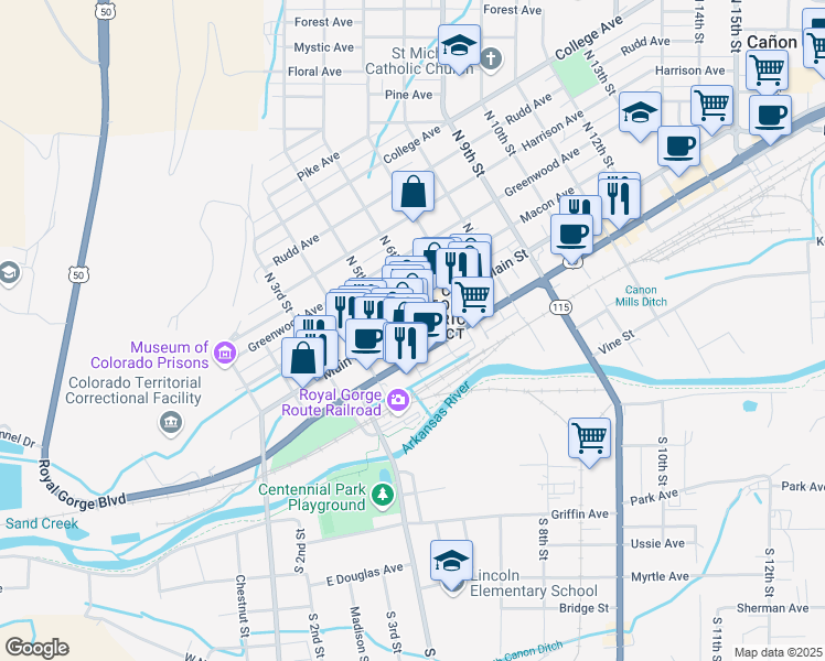 map of restaurants, bars, coffee shops, grocery stores, and more near in Cañon City