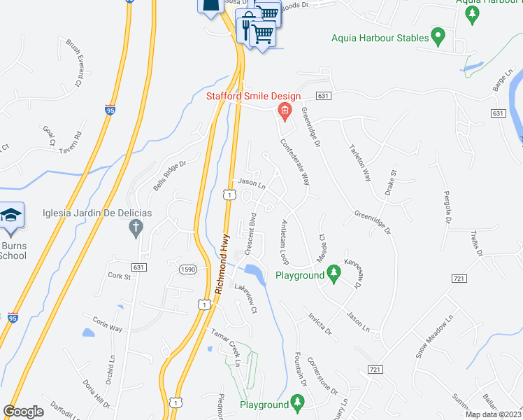 map of restaurants, bars, coffee shops, grocery stores, and more near 106 Malvern Hill Court in Stafford