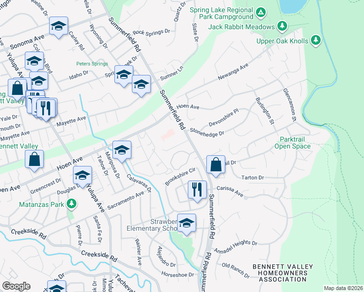 map of restaurants, bars, coffee shops, grocery stores, and more near 4640 Summerhays Place in Santa Rosa
