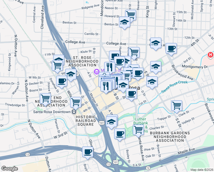 map of restaurants, bars, coffee shops, grocery stores, and more near 800 Santa Rosa Plaza in Santa Rosa