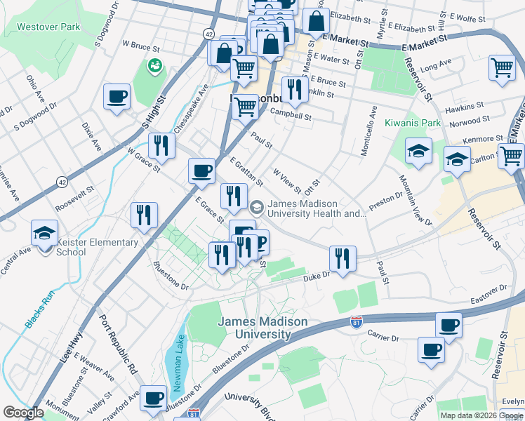 map of restaurants, bars, coffee shops, grocery stores, and more near 242 Cantrell Avenue in Harrisonburg