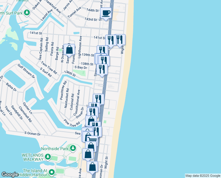 map of restaurants, bars, coffee shops, grocery stores, and more near 10 135th Street in Ocean City