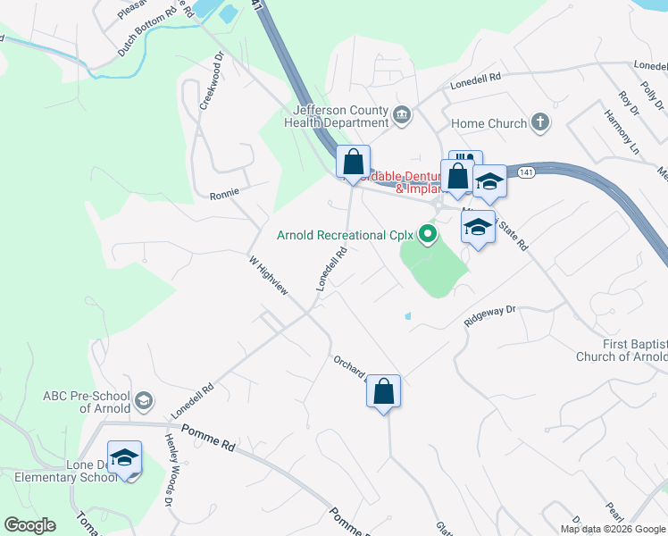 map of restaurants, bars, coffee shops, grocery stores, and more near 2020 Lonedell Road in Arnold