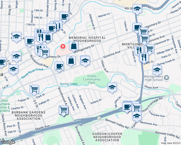 map of restaurants, bars, coffee shops, grocery stores, and more near 1424 Brookside Drive in Santa Rosa