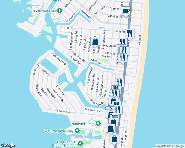 map of restaurants, bars, coffee shops, grocery stores, and more near 13326 Nantucket Road in Ocean City