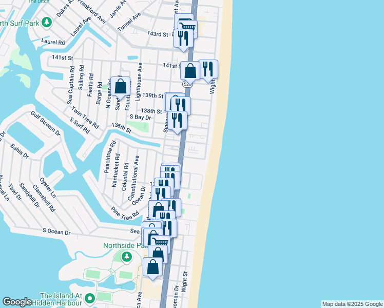 map of restaurants, bars, coffee shops, grocery stores, and more near 10 135th Street in Ocean City