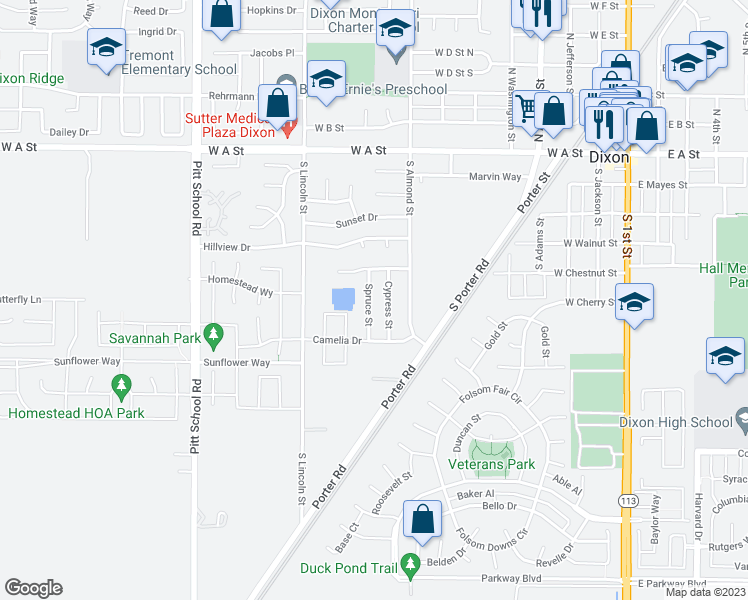 map of restaurants, bars, coffee shops, grocery stores, and more near 555 Spruce Street in Dixon