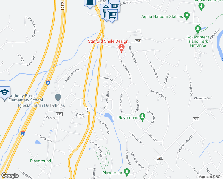 map of restaurants, bars, coffee shops, grocery stores, and more near 104 Malvern Hill Court in Stafford