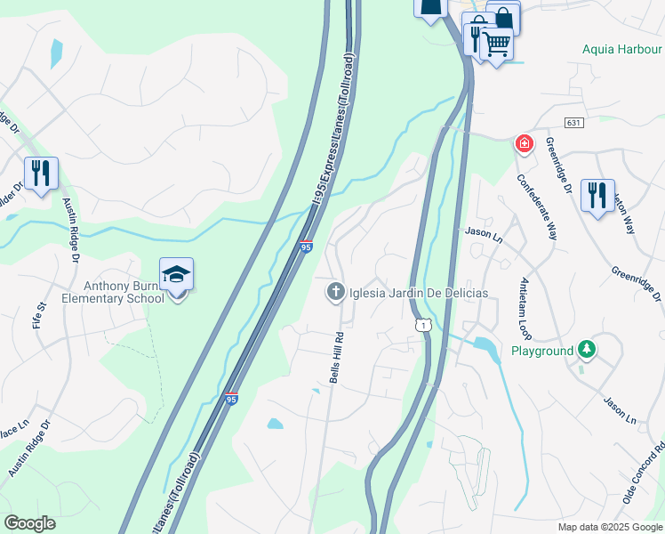 map of restaurants, bars, coffee shops, grocery stores, and more near 12 Belladonna Lane in Stafford