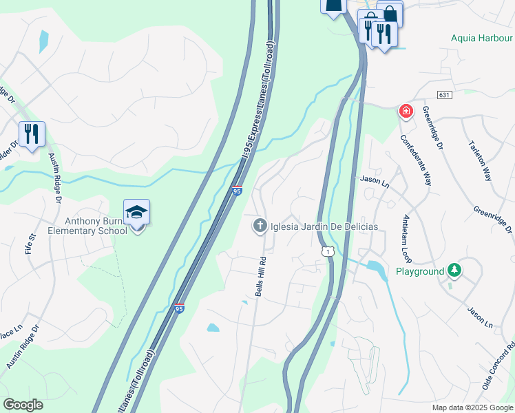 map of restaurants, bars, coffee shops, grocery stores, and more near 12 Belladonna Lane in Stafford