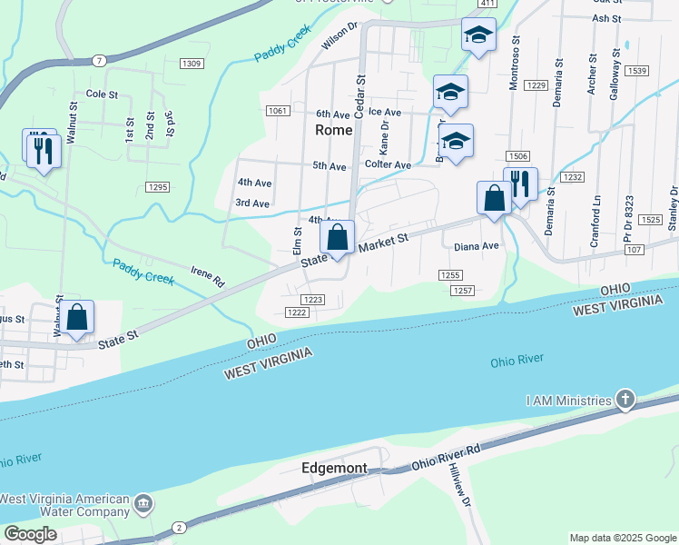 map of restaurants, bars, coffee shops, grocery stores, and more near 7566 County Road 107 in Proctorville