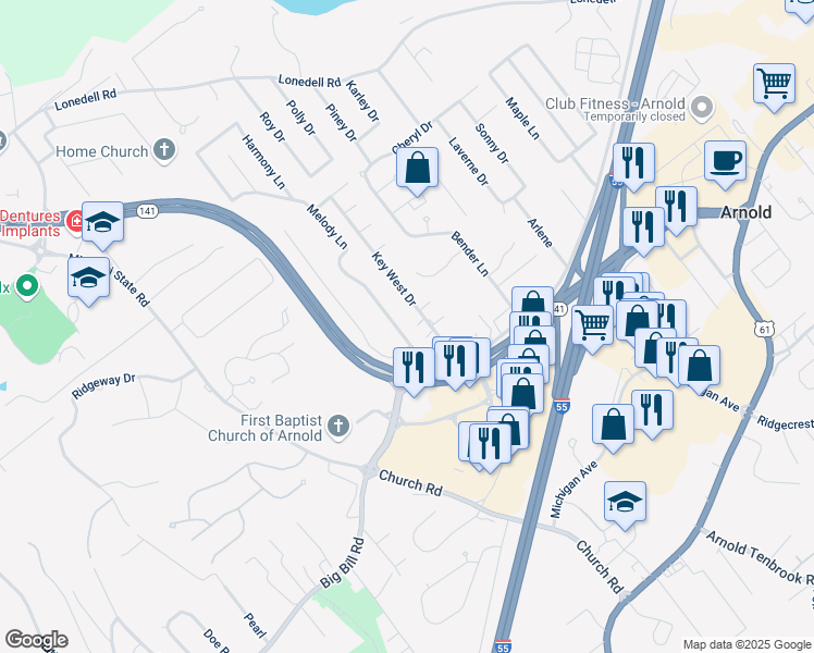map of restaurants, bars, coffee shops, grocery stores, and more near 2014 Melody Lane in Arnold