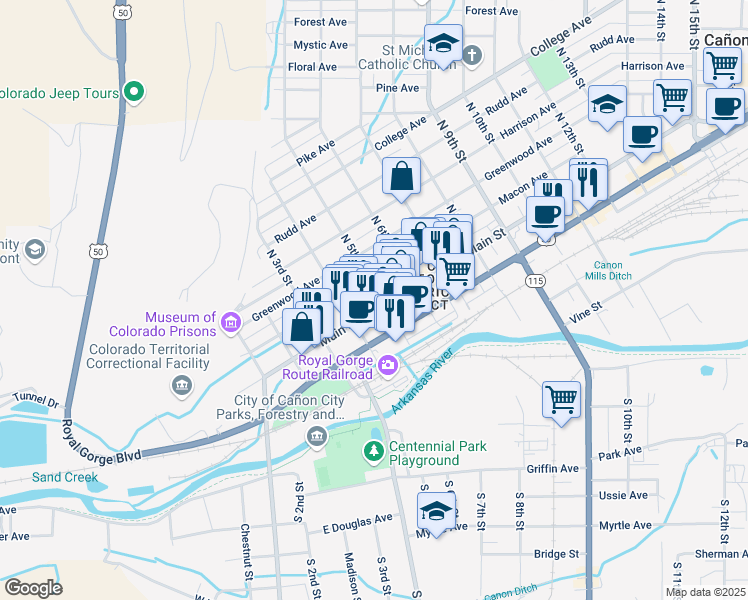 map of restaurants, bars, coffee shops, grocery stores, and more near 421 Main Street in Cañon City