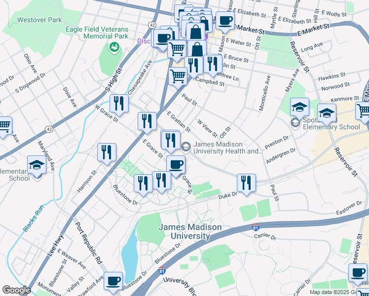 map of restaurants, bars, coffee shops, grocery stores, and more near 235 Cantrell Avenue in Harrisonburg