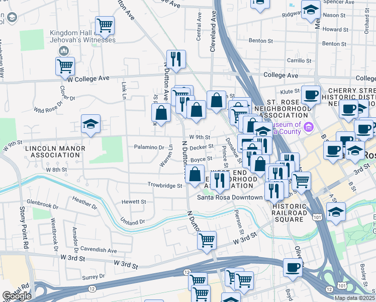 map of restaurants, bars, coffee shops, grocery stores, and more near 342 Decker Street in Santa Rosa