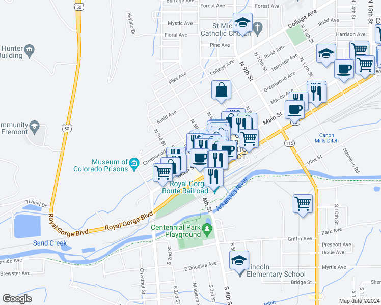 map of restaurants, bars, coffee shops, grocery stores, and more near 320 Macon Avenue in Cañon City