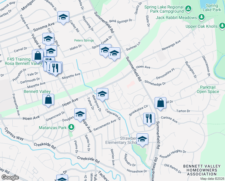 map of restaurants, bars, coffee shops, grocery stores, and more near 1810 Arroyo Sierra Court in Santa Rosa