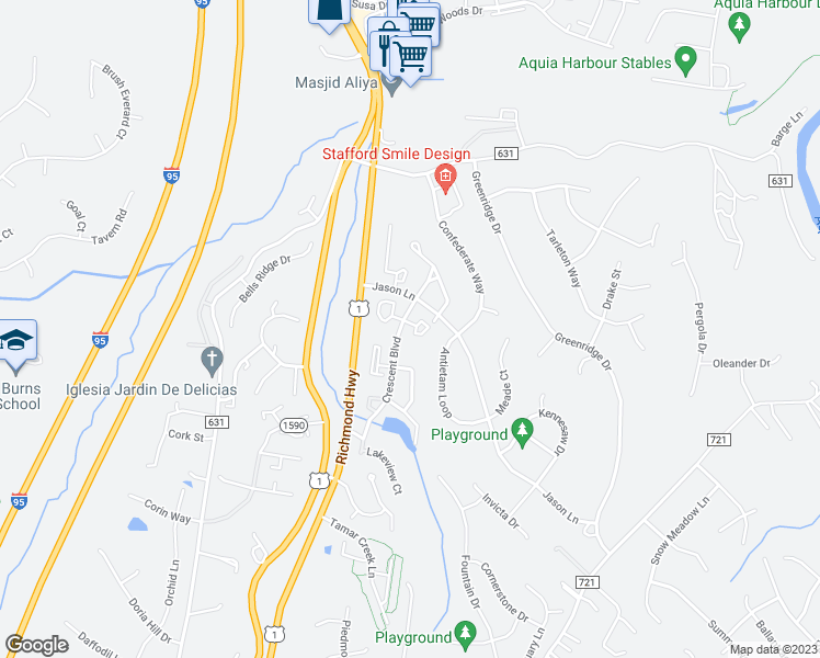 map of restaurants, bars, coffee shops, grocery stores, and more near 102 Malvern Hill Court in Stafford