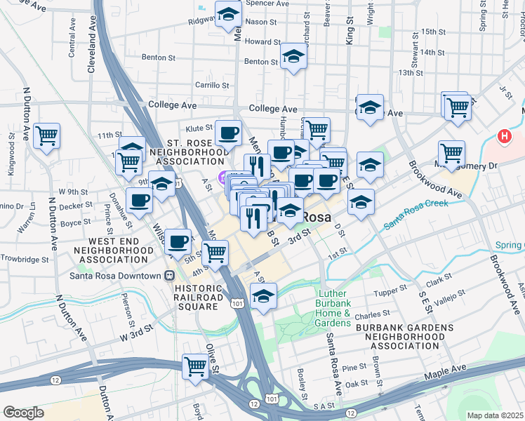 map of restaurants, bars, coffee shops, grocery stores, and more near 800 Santa Rosa Plaza in Santa Rosa