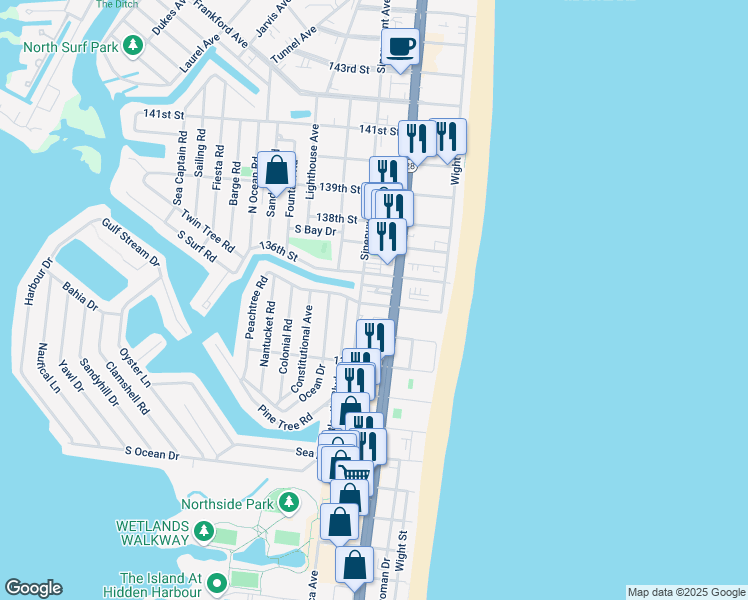 map of restaurants, bars, coffee shops, grocery stores, and more near 103 135th Street in Ocean City
