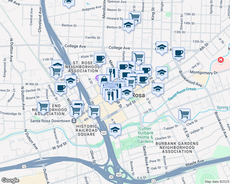 map of restaurants, bars, coffee shops, grocery stores, and more near 416 B Street in Santa Rosa