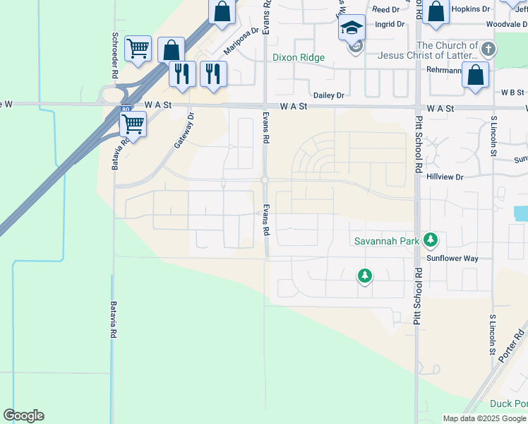 map of restaurants, bars, coffee shops, grocery stores, and more near 2465 George Lane in Dixon