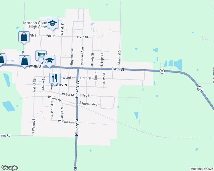 map of restaurants, bars, coffee shops, grocery stores, and more near 407 East 2nd Street in Stover