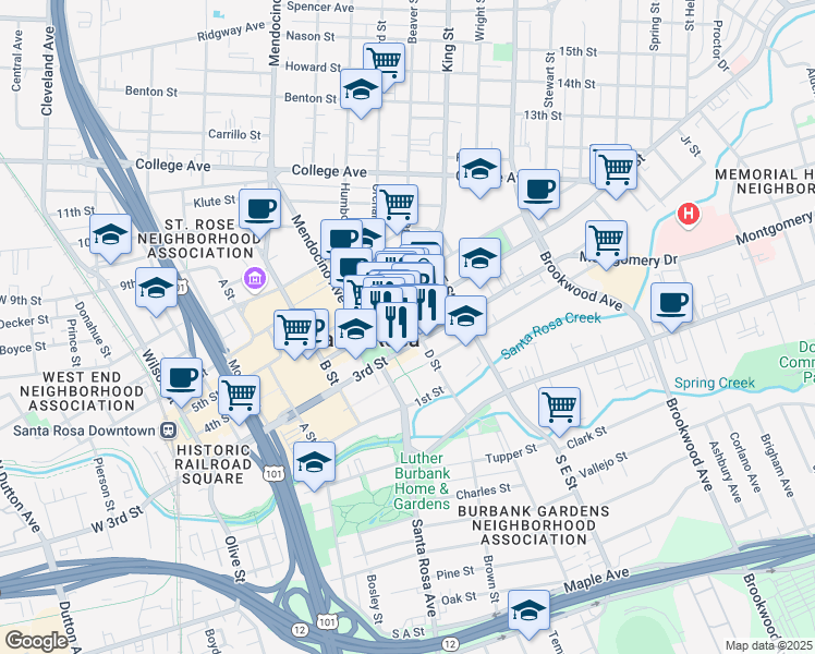 map of restaurants, bars, coffee shops, grocery stores, and more near 637 3rd Street in Santa Rosa