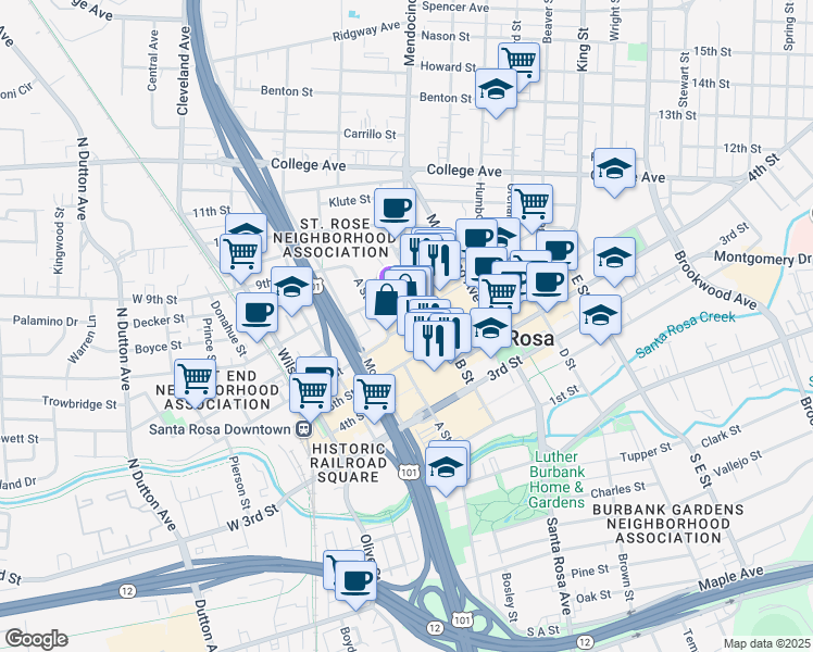 map of restaurants, bars, coffee shops, grocery stores, and more near 2108 Santa Rosa Plaza in Santa Rosa