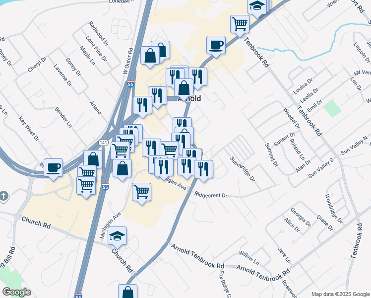 map of restaurants, bars, coffee shops, grocery stores, and more near 1365 Jeffco Boulevard in Arnold