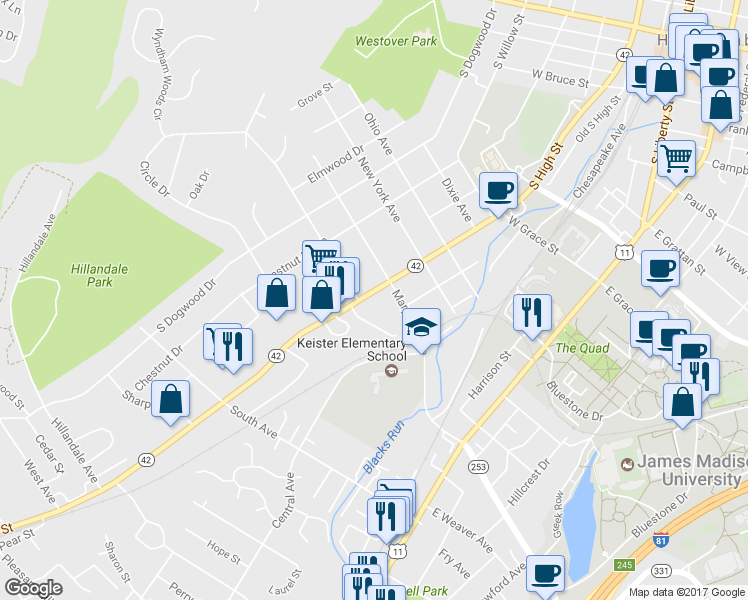 map of restaurants, bars, coffee shops, grocery stores, and more near 172 Logan Lane in Harrisonburg