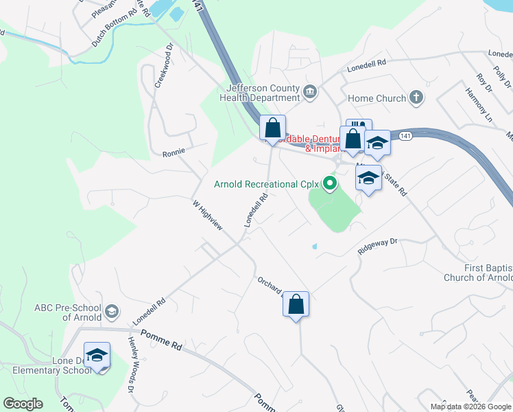 map of restaurants, bars, coffee shops, grocery stores, and more near 2020 Lonedell Road in Arnold