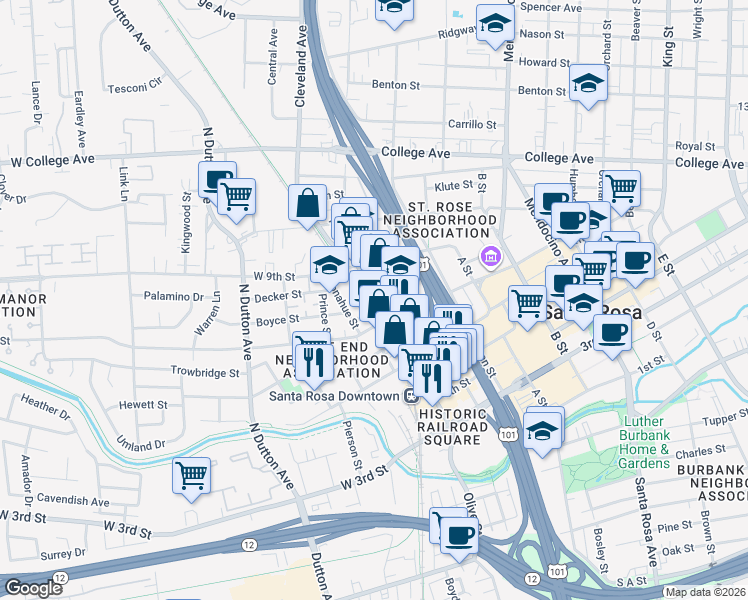 map of restaurants, bars, coffee shops, grocery stores, and more near 806 Donahue Street in Santa Rosa